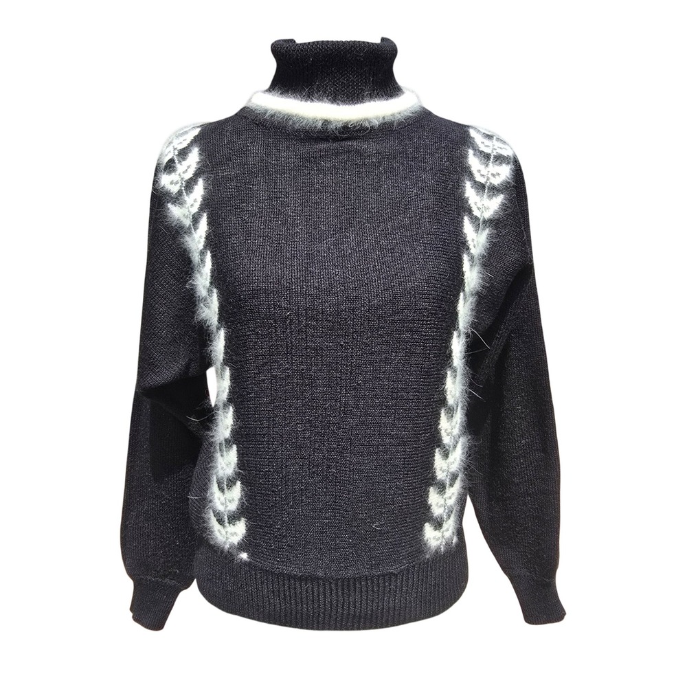 Personal Vintage Black Turtleneck Sweater Angora Blend Fuzzy Leaf Trim‎ Womens M